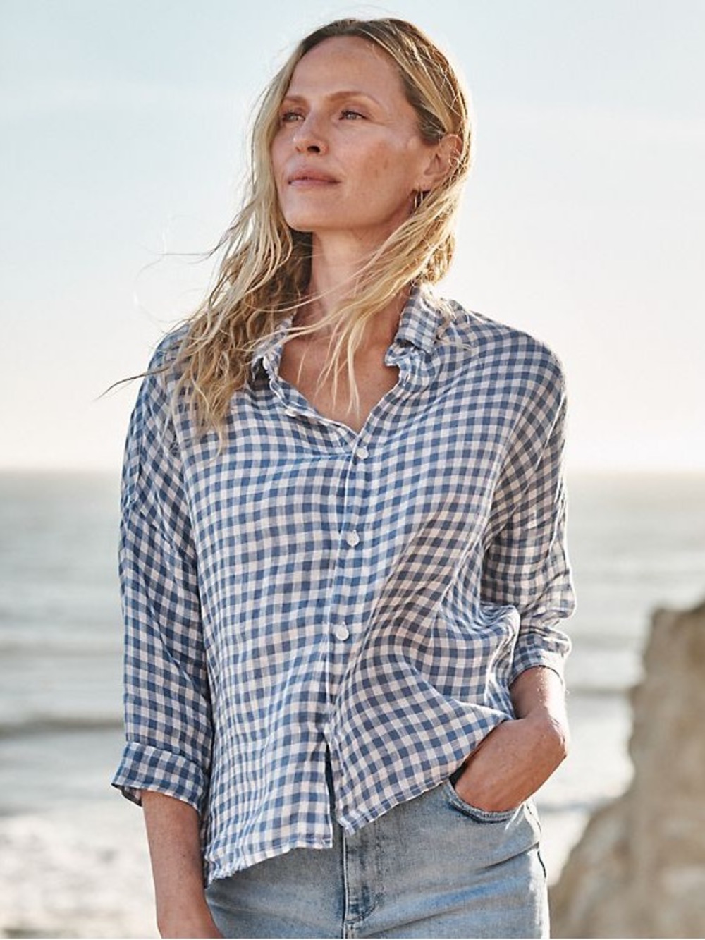 CP Shades Rooney Blue Gingham Linen Textured Effortless Minimalist Blouse.